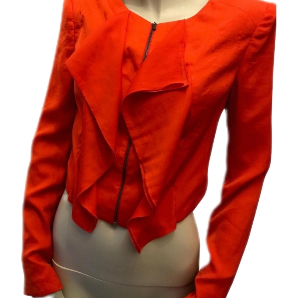 BCBGMAXAZRIA cropped blazer, zipper accents, poppy color, date night jac…